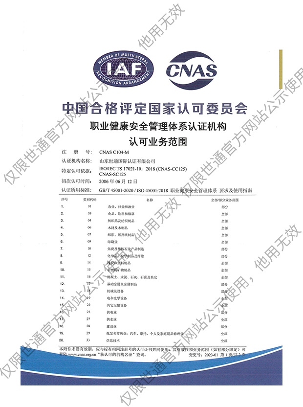 职业健康安全管理体系认证机构认可业务范围