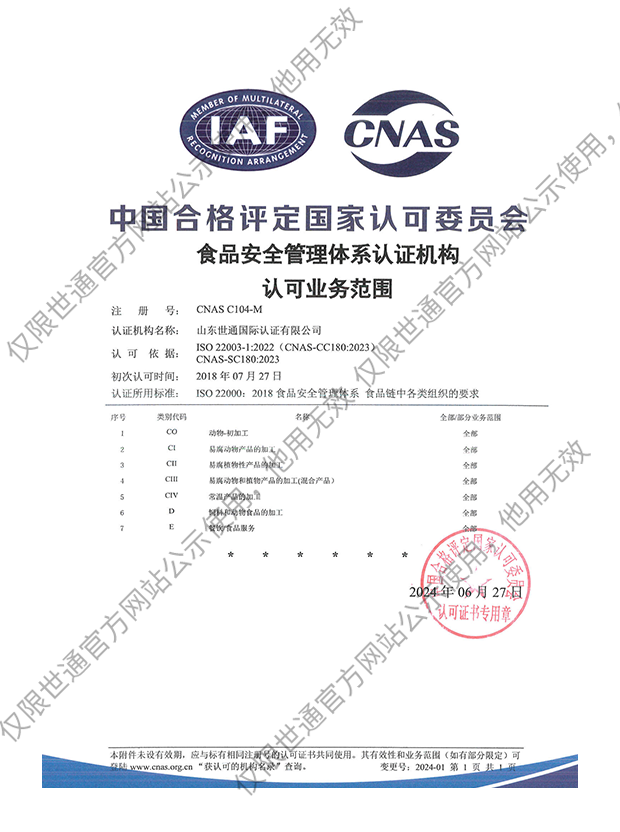 食品安全管理体系认证机构认可业务范围